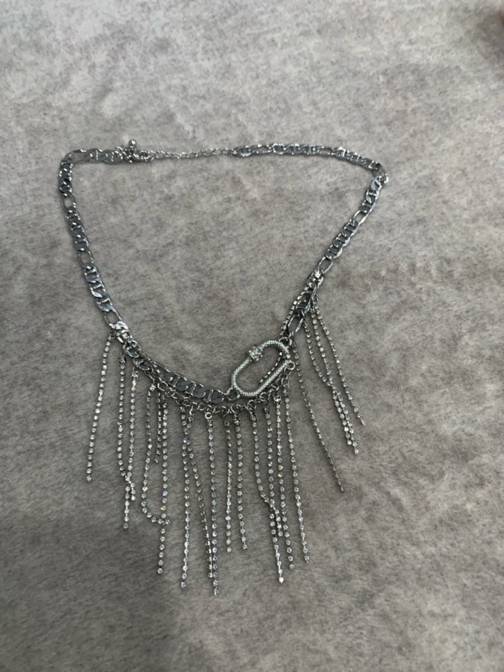 Silver Fringe Chain Necklace with Oval Accent